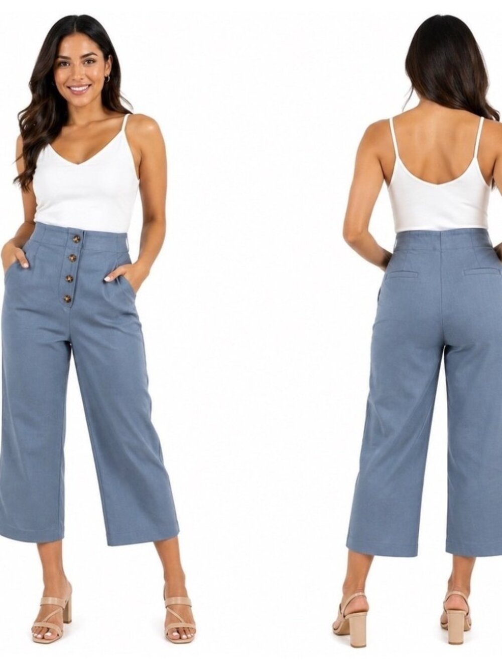 High Waisted Button-Front Cropped Wide Leg Pants Culottes Blue